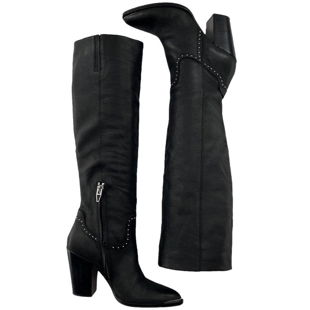 Dolce Vita Black Leather Studded Point Toe Block Heel Tall Boots Size 8.5